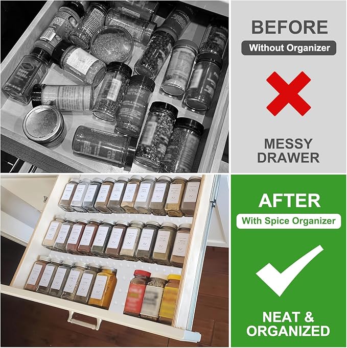 Gosmol Spice Drawer Organizer insert, Adjustable & Non-Slip Silicone Spice Drawer Liner, in Drawer Spice Organizer for Seasoning Jars and Spices Bottles -White-NeatNest