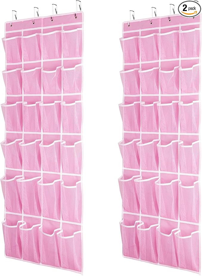Hanging Shoe Organizer 2Pack, Over The Door Shoe Rack with 24 Mesh Pockets - Pink (2pack), Size: 58x21 Inch-NeatNest