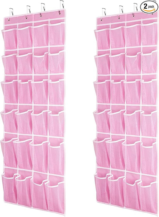 Hanging Shoe Organizer 2Pack, Over The Door Shoe Rack with 24 Mesh Pockets - Pink (2pack), Size: 58x21 Inch-NeatNest