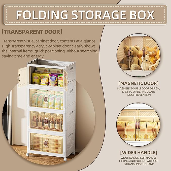340 QT / 85 Gal Magnetic Door Storage Bins Collapsible Stackable w/1 Lid, Heavy Duty Plastic Cabinet with Wheels for Home Office Organization (White)-NeatNest