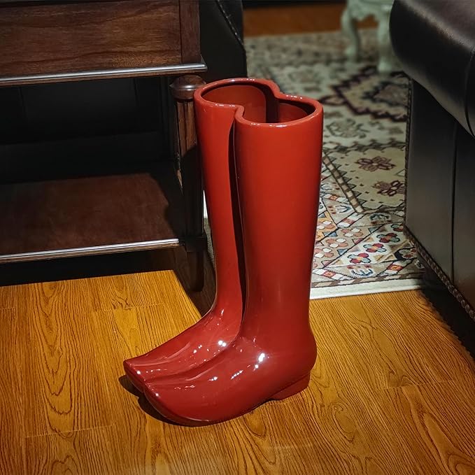 Ceramic Boot Umbrella Stand Boots Vase Freestanding Umbrella Bucket Ceramic Umbrella Rack Home Decor Piece for Home Decor, Office, Apartment, Hotel, Bars, Red-NeatNest