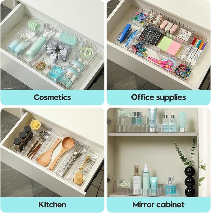Clear Drawer Organizer Bins 7 pc Set, 4-Size Stackable Trays for Makeup Vanity Drawers, Bathroom Drawer Organizer Storage Containers for Cosmetic, Office Supplies-NeatNest