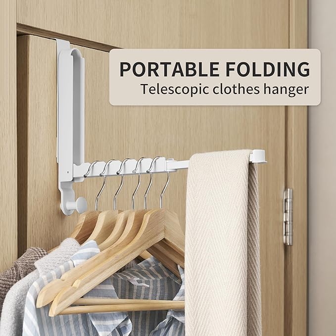 Clothes Drying Rack Foldable Fit Door up to 1 3/8" Optimal 2pc,Over The Door Hanger with Retractable Rod,Over The Door Hanger Hooks for Laundry Bathroom Bedroom Travel Hangers(White, 2 Pack)
