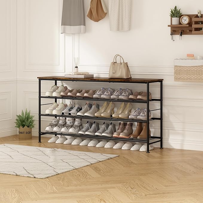 Shoe Rack Organizer 4 Tier for Closet Entryway Free Standing Metal Storage Shoe Shelf with MDF Top Board (Black+Rustic Brown, Large 4 Tier)-NeatNest