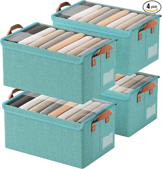 AARAINBOW Stackable Clothes Organizer Bins, Fabric Storage Bins with Metal Frame, 4 Packs Green Boxes with Lids, Foldable Closet Container for Clothes Toys, 23L (Green)-NeatNest