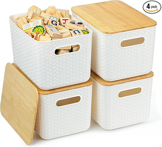 4 Packs Storage Bins with Bamboo Lids - Plastic Storage Containers with Lids Stackable Storage Box：Storages Baskets for Organizing Desktop Closet Playroom Classroom Office,White