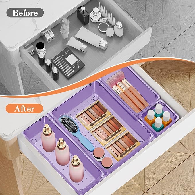 25 PCS Plastic Drawer Organizer Set, 4-Size Versatile Organizer Trays & storage Bins for Makeup, Jewelry, and Gadgets in Bathroom, Bedroom and Office,Clear Purple-NeatNest