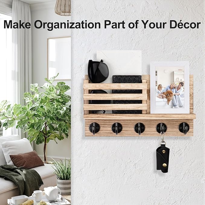 Key Holder for Wall – Decorative Wooden Mail Holder and Key Shelf with Mounting Hardware, Installation Guide – Paulownia Wood with 5 Metal Key Hooks (11.8” x 6.7” x 2.8”)