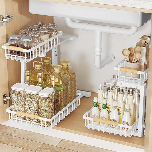 2 Tiers Under Sink Organizers, 2 Pack Metal Kitchen Storage Shelf, Pull Out Sink Storage Rack, Multi-purpose Under Sink Shelf Organizer for Under Sink Cabinet Bathroom Kitchen (White)-NeatNest