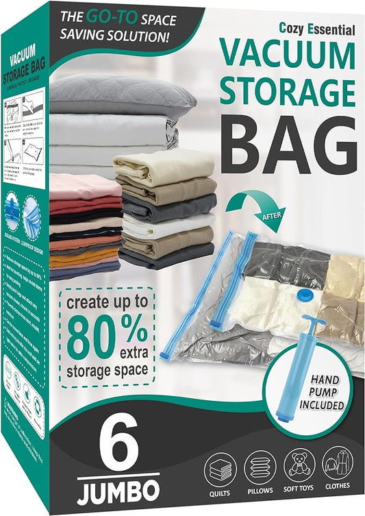 6 Jumbo Vacuum Storage Bags, Space Saver Bags Compression Storage Bags for Comforters and Blankets, Vacuum Sealer Bags for Clothes Storage, Hand Pump Included-NeatNest