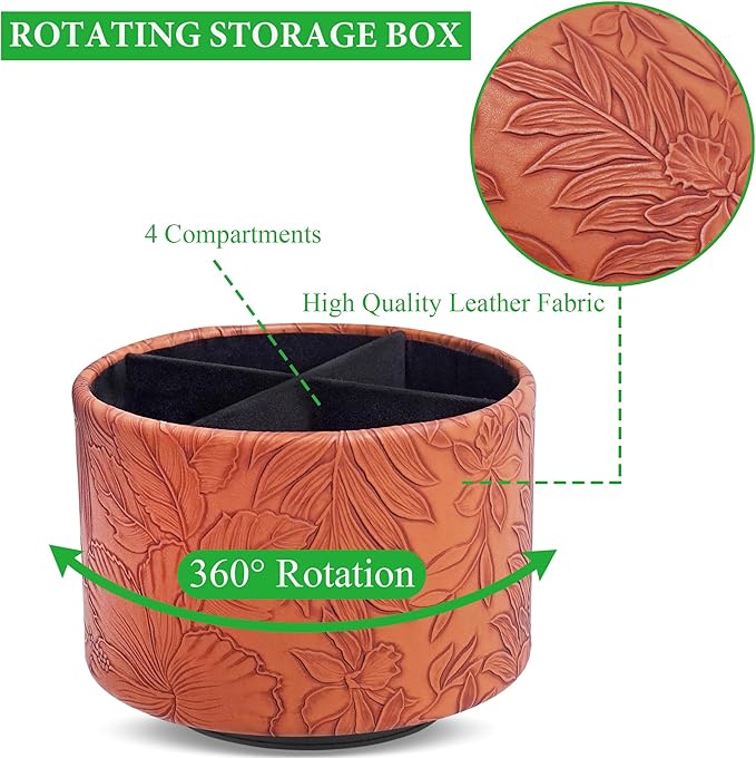 Hennaja Round Leather Art Supply Organizer,Remote Control Holder,360 Degree Spinning,Multi-Functional Pencil Holder,4 Compartments Desktop Stationary Organizer(1-Carved Brown)-NeatNest
