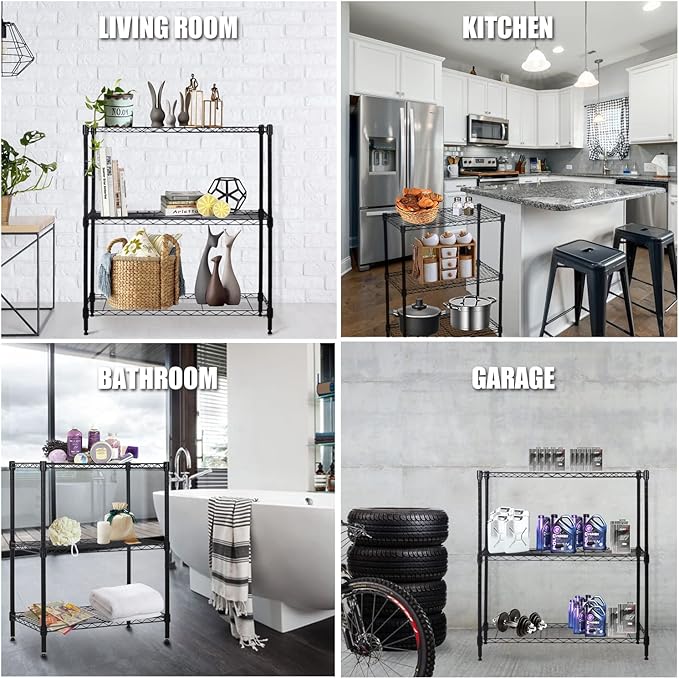 3-Tier Wire Shelving Unit Storage Shelves Shelf Organizer 30"x23"x12" Heavy Duty Metal Storage Rack Wire Rack NSF Height Adjustable for Laundry Bathroom Kitchen Garage Shelving(Black)