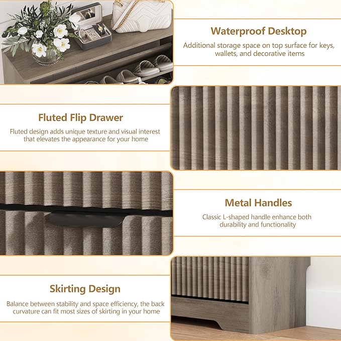Shoe Cabinet Storage for Entryway with 3 Flip Drawers, Grey Fluted Shoe Cabinet with Adjustable Shelves, Wooden Hidden Shoe Rack Freestanding Narrow Slim Shoes Storage for Hallway, Entrance