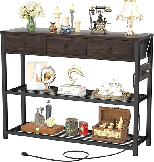 Ecoprsio 47'' Entryway Table with Outlets and USB Ports, Console Table with 3 Drawers, Sofa Table Narrow Long with Storage Shelves for Living Room, Couch, Hallway, Foyer, Black Walnut Finish-NeatNest
