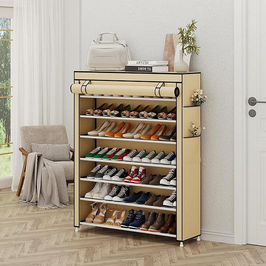 Calmootey 7 Tier Shoe Rack Organizer to Hold 35 Pairs, Portable Shoe Shelf with Nonwoven Fabric Cover for Closet Hallway, Bedroom, Entryway, Beige-NeatNest