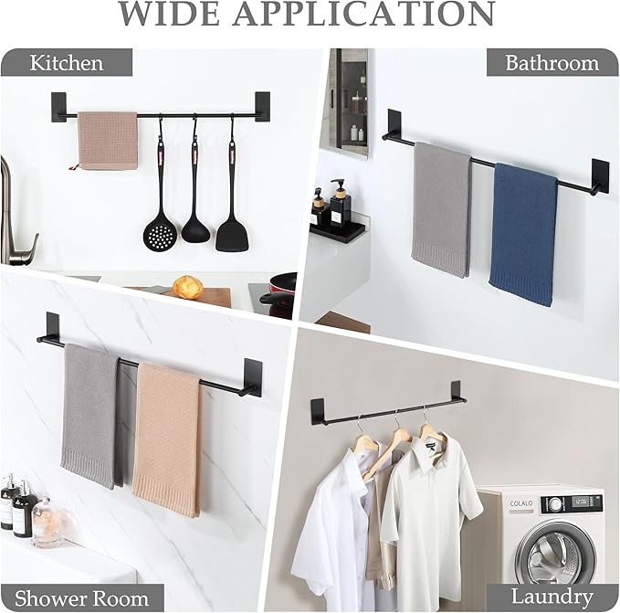 Alise Towel Racks for Bathroom, 24 Inch SUS 304 Stainless Steel Adhesive Towel Bar No Drill, Strong Adhesion Matte Black Towel Rack, Rustproof Bath Towel Holder