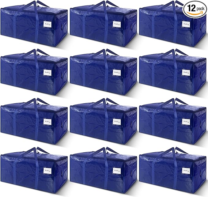 12 Pack Extra Heavy Duty Large Moving Bags with Strong Zipper & Carrying Handles, Sturdy Clothes Storage Bags Totes Bins, Packing Bag Move Boxes College Moving Supplies, Dark Blue - 24 gal-NeatNest