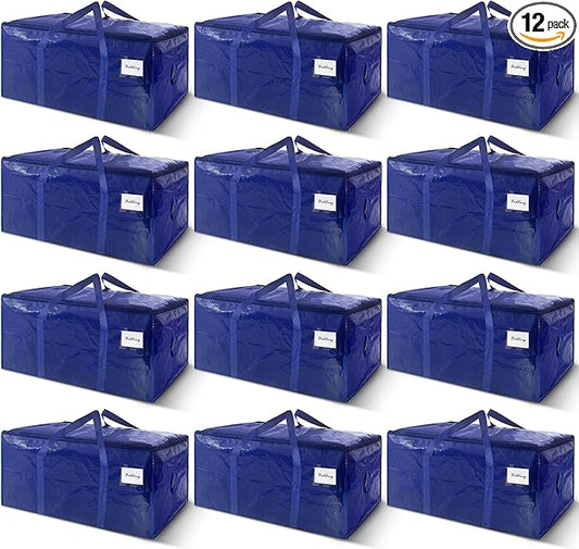 12 Pack Extra Heavy Duty Large Moving Bags with Strong Zipper & Carrying Handles, Sturdy Clothes Storage Bags Totes Bins, Packing Bag Move Boxes College Moving Supplies, Dark Blue - 24 gal-NeatNest
