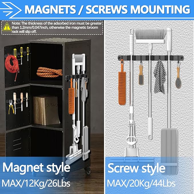 3-H Magnetic Broom Holder Wall Mounted 2 Pack, Strong Magnetic Broom Hooks 13 Inch, Heavy Duty Magnet Broom Organizer Wall Mounted, Utility Storage Tools Rack for Home Kitchen Workshop Laundry Garage