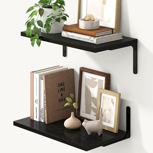 Fun Memories Deep Floating Shelves, 16W x 8D Floating Shelves Set of 2, Wall Mounted Shelf with Metal Brackets, Rustic Wood Wall Shelf for Bathroom, Kitchen and Living Room, Black-NeatNest