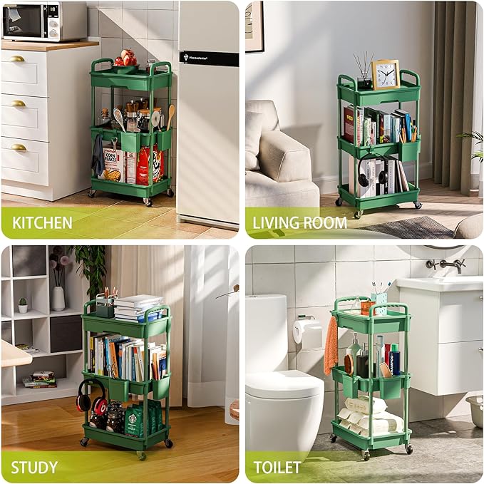 3 Tier Rolling Cart Organizer,Laundry Room Bathroom Organizers and Storage Office Shelves Mobile Shelving Unit Kitchen Trolley Cart with Wheels for Art,Craft,Diaper,Bedside,Snack(Green)-NeatNest