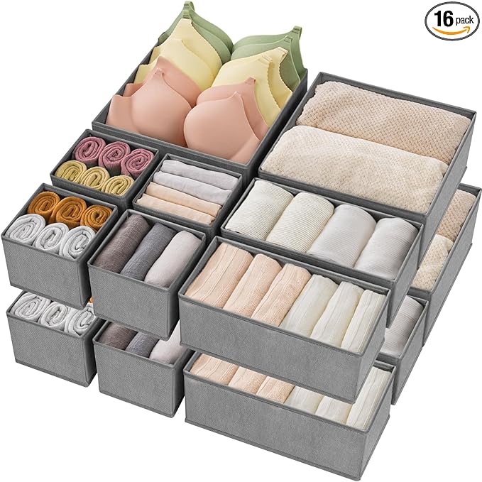 Criusia Drawer Organizer Clothes,16 Pack Underwear Drawer Organizers, Foldable Closet Organizers and Storage Dresser Drawer Dividers Clothing Organizer for Clothes, Socks, Scarves, Bra, Ties (Grey)-NeatNest