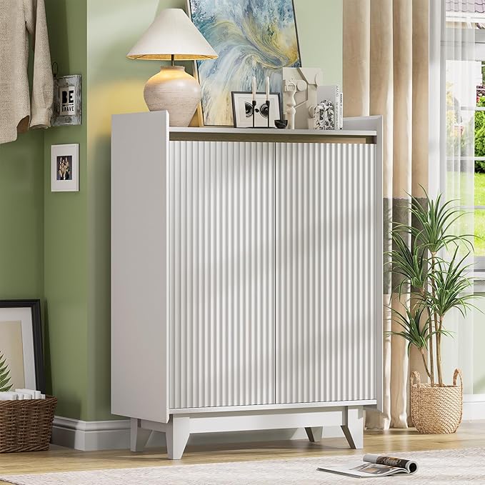 White Fluted Shoe Cabinet with Adjustable Shelves, Shoe Cabinet Storage for Entryway Hallway Living Room Bedroom, Shoe Rack Cabinet with 2 Doors 2PC, White & Walnut 43.7” H-NeatNest