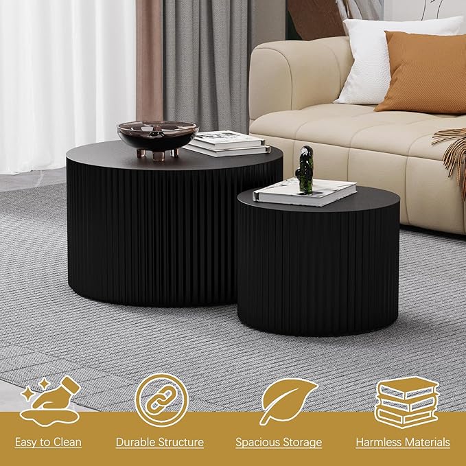 Round Coffee Table Set of 2 Modern Nesting Coffee Tables Wooden Drum Coffee Tables with Non-Slip Feet, Circle Nesting Tables End Table for Living Room Office, No Assembly (Black 18.9"+14.96")