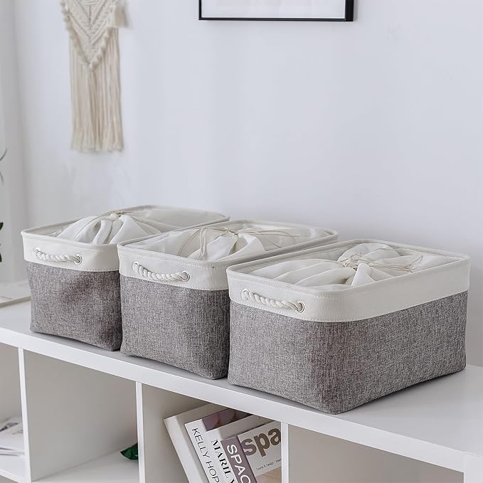 TheWarmHome Storage Baskets for Organizing, X Large - 3 Pack 17.7L×13.8W×9.8H in Foldable Storage Bins for Shelves, Fabric Storage Box for Closet Nursery Toy Gift (White & Grey)-NeatNest