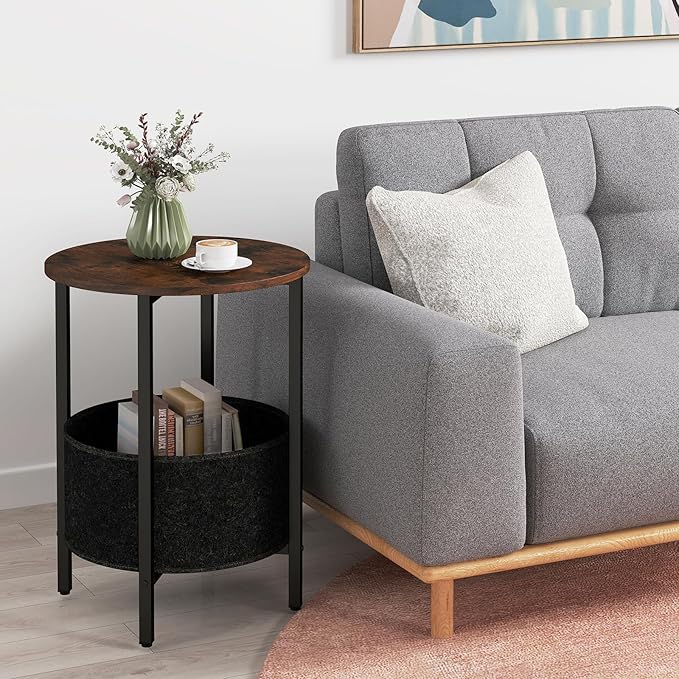 GOFALME Round End Table with Storage, Sofa Side Table with Removable Fabric Basket, Metal Frame, Wooden Top, Industrial, 2-Tier Bedside Table for Living Room, Bedroom, Rustic Brown