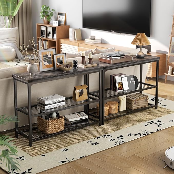 47" Console Table, 3-Tier Entryway Table, Sofa Table with Mesh Shelves, Console Tables for Living Room, Bedroom, Hallway, Entryway, Foyer, Grey-NeatNest
