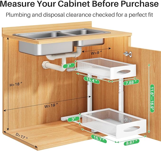 Under Sink Organizer, 2 Tier Pull out Cabinet Organizer Baskets with Mesh Sliding Drawers, Slide out Storage Shelf for Home, Kitchen, Bathroom, Pantry, Office Cabinet(1 Pack, White)-NeatNest