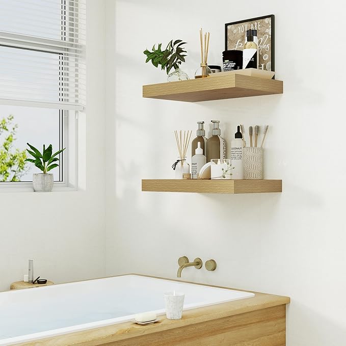 Heimlove Bathroom 12'' Deep Floating Shelves for Wall - Shelf Over Toilet Wall Mounted Farmhouse 24 inches,Rustic Wood Wall Shelves Decor & Storage Set of 1 Oak-NeatNest