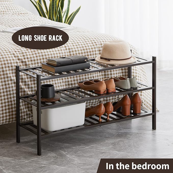 Long Shoe Rack, 3-Tier Bamboo Stackable Shoe Shelf Storage Organizer, Shoe Stand for Closet, Entryway and Hallway-NeatNest