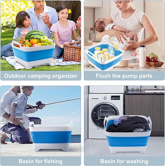 2.4 Gal(9L) Collapsible Dish Basin with Drain Plug, Space Saving Outdoor Multiuse Foldable Sink Tub, Dishpan, Kitchen Storage Tray for Camping, Vegetable Washing, RV (Blue)-NeatNest