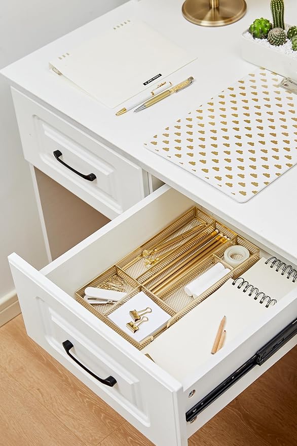 Annova Desk Drawer Organizer Tray for Office Organization - Metal Mesh - Storage Tray with Dividers for Pens, Desktop Accessories, Bathroom, Kitchen, Makeup and Office Supplies (Small, Gold)-NeatNest