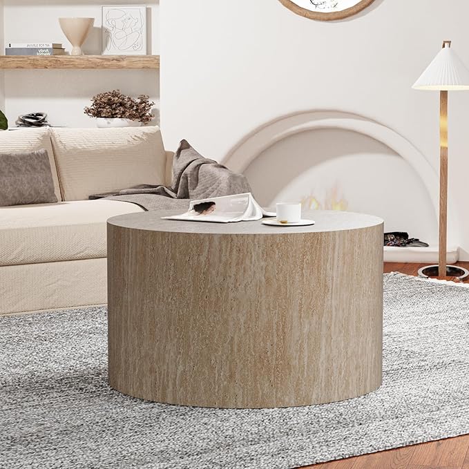 Round Nesting Coffee Table Set of 2 Modern Wood Coffee Tables Handcraft Drum Coffees Table Farmhouse Round Sofa Side Tables End Table for Living Room Small Spaces, No Assembling (Travertine Large)