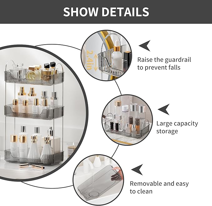 Bathroom Organizer Countertop, Vanity Trays for Bathroom, Skincare Makeup Organizer Tray, Vanity Organizer, Bathroom Counter Organizer for Cosmetics, Toiletries, Lotions, Perfumes (3 Tiers, Grey)-NeatNest