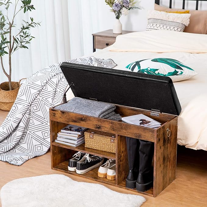 HOOBRO Shoe Storage Bench with Padded Cushion, Entryway Bench with Flip-Open Storage Box and Adjustable Shelf, Shoe Rack with Hidden Compartment, for Entryway, Living Room, Rustic Brown BF40HX01-NeatNest
