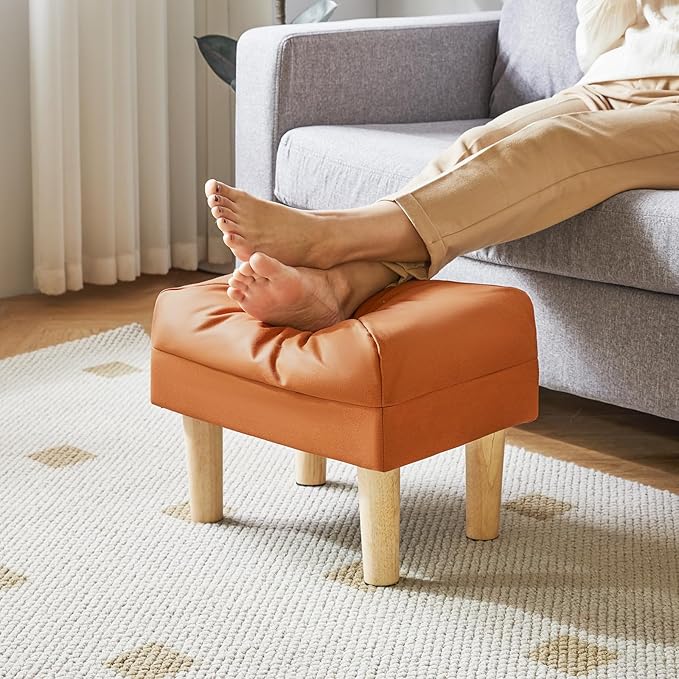 YMYNY Small Footstool Ottoman, Faux Leather Footrest with Sponge Padded Seat, Step Stool for Sofa, Bedroom, Living Room, Entryway, Modern Change Shoes Stool 15.75"D × 11.42"W×12.6"H Orange UHBD040J