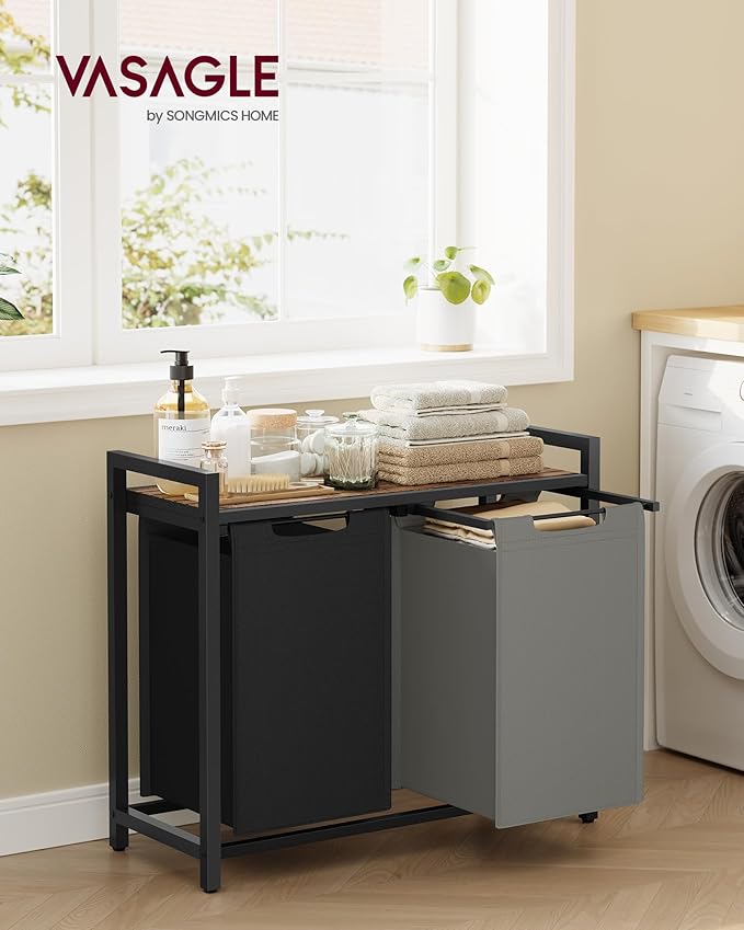 VASAGLE Laundry Hamper, Laundry Basket, Laundry Sorter with 2 Pull-Out and Removable Bags, Shelf, Metal Frame, 2 x 12.1 Gallons (46 L), 28.8 x 13 x 28.4 Inches, Bicolor and Rustic Brown UBLH201X01-NeatNest