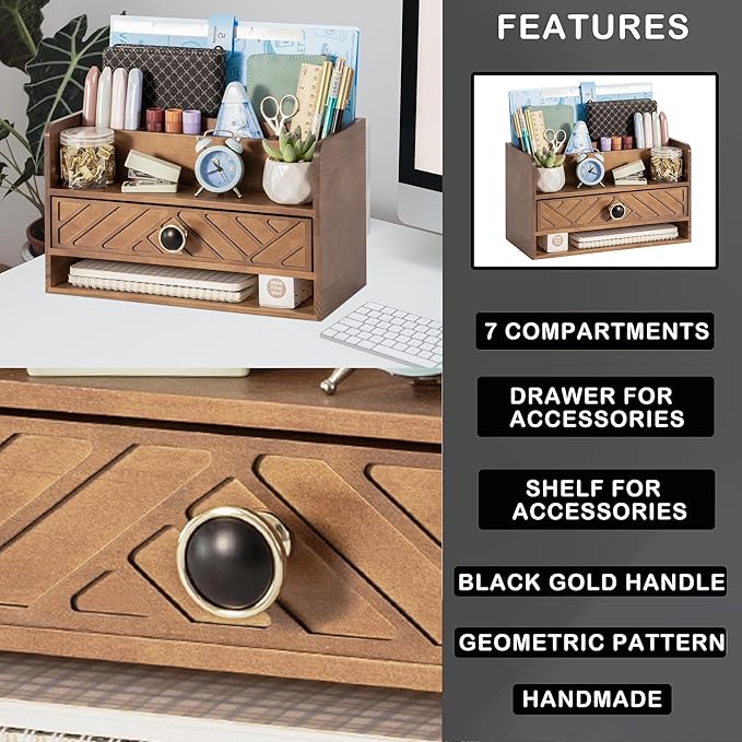Brown Wood Desk Organizer and Accessories with Drawer, Bill Mail Organizer and File Mail Holder for Office Supplies, Desk Accessories & Workspace Organizers-NeatNest