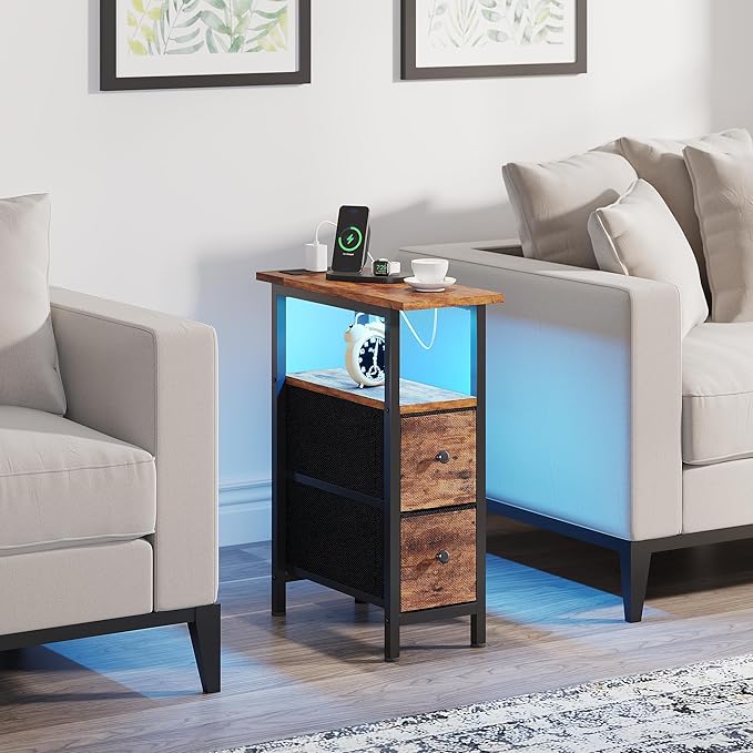 End Table with Charging Station, Narrow Side Table with 2 Fabric Drawers, Skinny Nightstand with LED Light, Slim Bedside Table for Bedroom, Living Room, Small Spaces, Rustic Brown