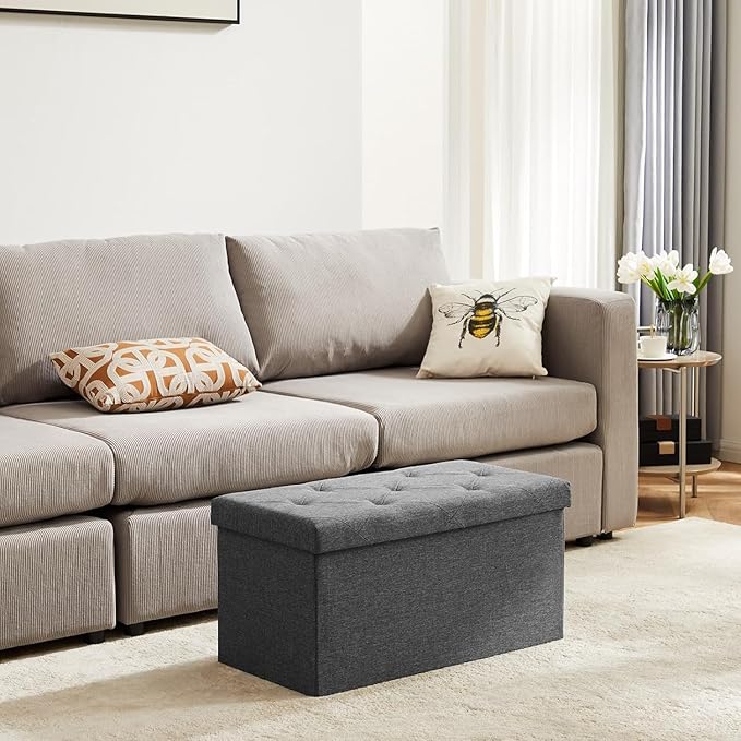 DUMOS 30in Foldable Storage Ottoman Bench, Storage Chest, End of Bed Foot Rest Stool with Padded Seat, Bedroom Bench for Living Room, Bedroom, Support 660lbs, Grey