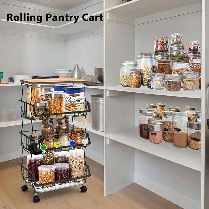 Rolling Kitchen Cart with Wood Top - 4-Tier Wire Basket Organizer for Fruits, Vegetables, Pantry Storage - Stackable, Mobile Cart with Wheels for Kitchen, Home, Office