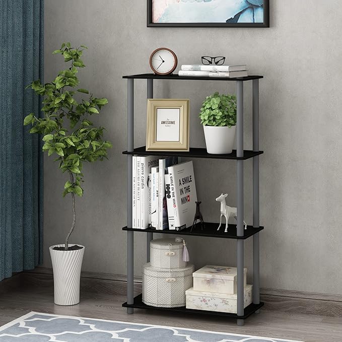 Furinno (99557BK/GY) Turn-N-Tube 4-Tier Multipurpose Shelf Display Rack - Black/Grey-NeatNest