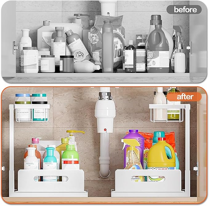 VUSIGN Under Sink Organizer, 2 Tier Pull Out Bathroom Cabinet Organizer, Under Kitchen Sink Organizers and Storage, Under Sink Shelf,2 Pack, White-NeatNest