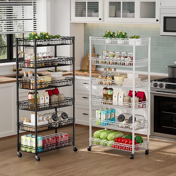 6 Shelves Storage Shelf Wire Closet Bathroom Organizers Metal Pantry Kitchen Garage Shelving Unit Laundry Room Organization Home Rack Net Basket White with Wheels 30" Dx14 Wx65 H