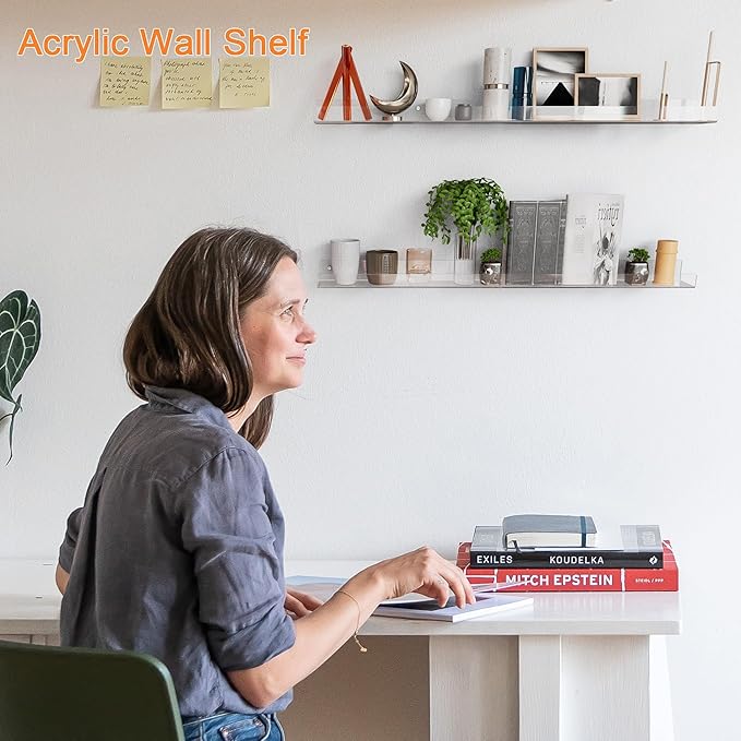 36'' Clear Acrylic Wall Long Shelf 2 Pack, Acrylic Floating Book Shelves, Wall Mounting Invisible Ledge Book Shelf-NeatNest