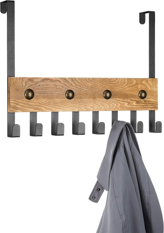 MyGift Heavy Duty Burnt Wood Over The Door Hook Rack Bathroom Towel Rack Sturdy Door Hanger with 8 Black Metal Hooks